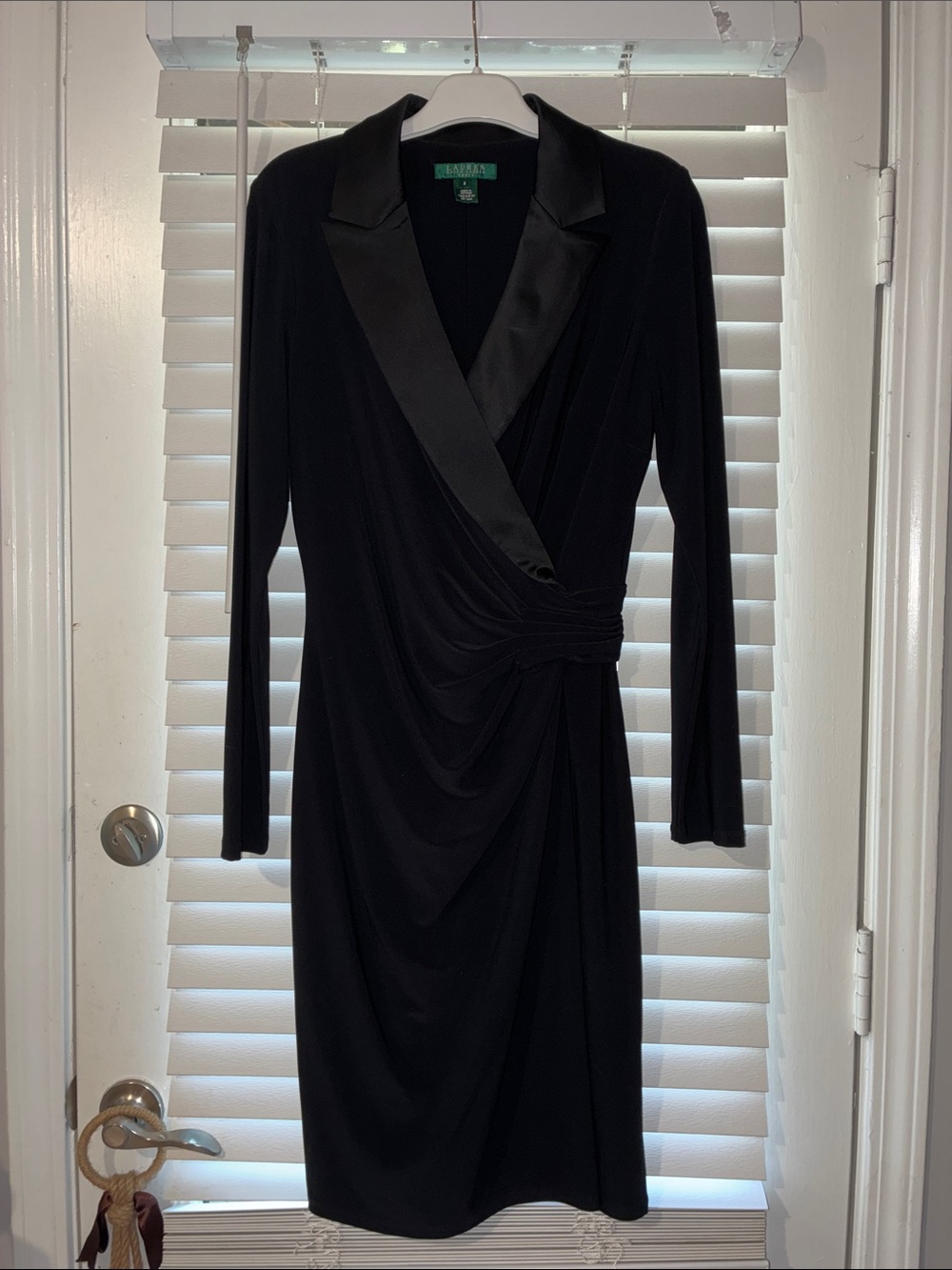 Lauren Ralph Lauren Black Long-Sleeve Wrap Dress with Satin Lapel - Picture 1 of 5